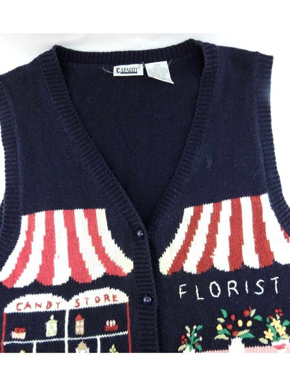 Vintage Sweater Vest Sz Lg Candy Store Florist Scene Button Front Cottage Core - Picture 3 of 7